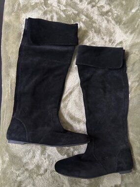Gianni Bini Black Suede Knee-High Slouchy Ballet-Flat Boots(Women's Size: 10 US)